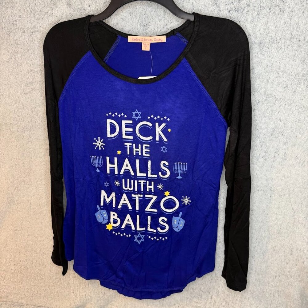 Deck The Halls With Matzo Balls Hanukkah Ugly Shirt Jersey Blue Black Size Small